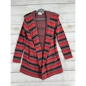Field and Flower Striped Wool Open Front Cardigan Sweater Womens M Red Black